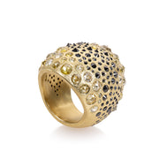 Todd Reed ring in 18 karat yellow gold with green brilliant cut diamonds(2.69cts), yellow brilliant cut diamonds(2.59cts), and black brilliant cut diamonds(2.35cts)